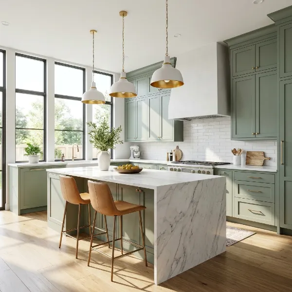 Green kitchen remodel with large island and pendant lighting